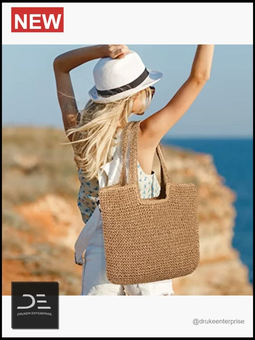 Large Woven Straw Tote Bag, Handmade Bohemian Hobo for Beach Vacation